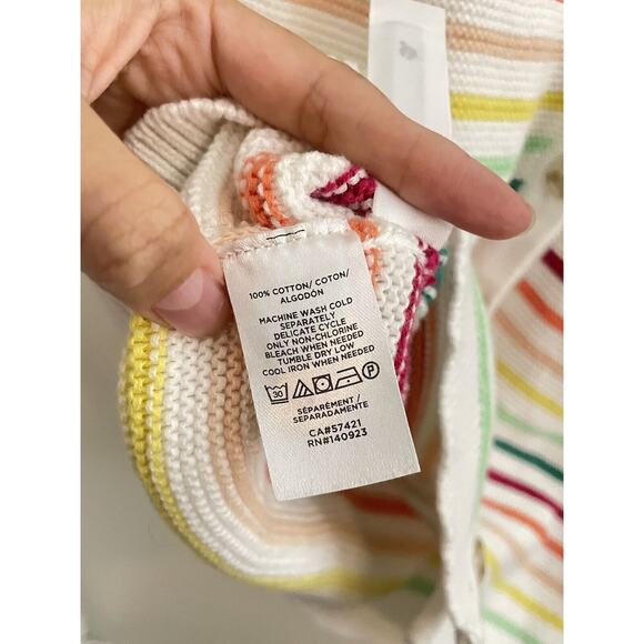 Loft Top Women's Medium White Rainbow Striped Button Up Sweater Tank 100% Cotton - Picture 6 of 7